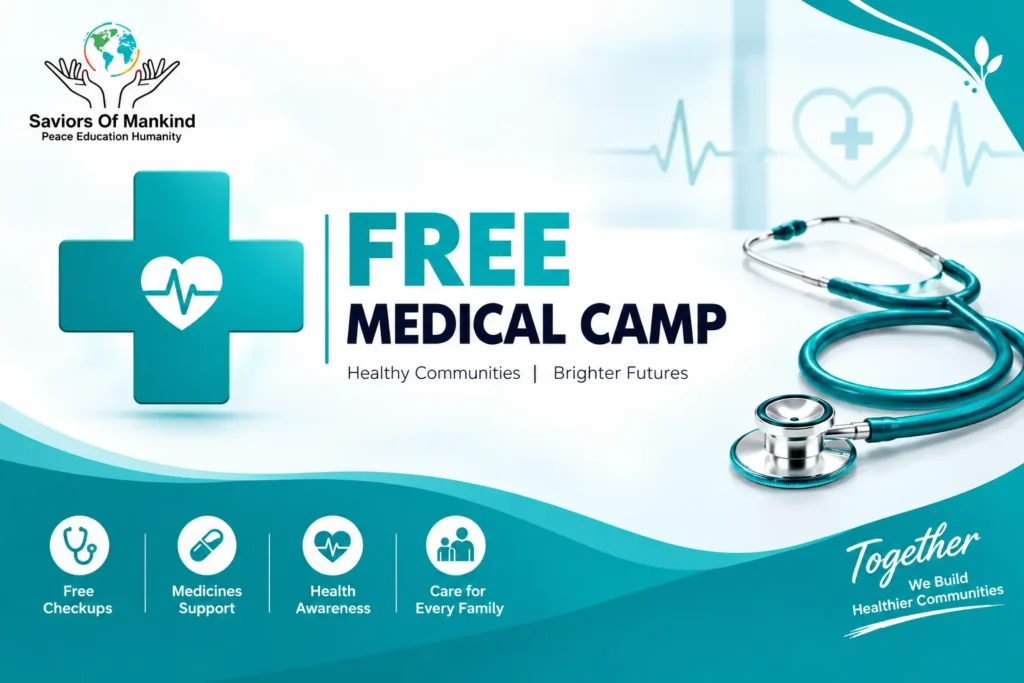Free medical camp banner featuring a medical cross, stethoscope, and community healthcare services by Saviors Of Mankind.