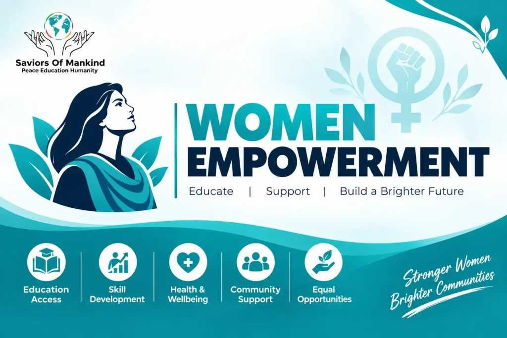 Women empowerment banner by Saviors Of Mankind NGO promoting education, skill development, health, and equal opportunities