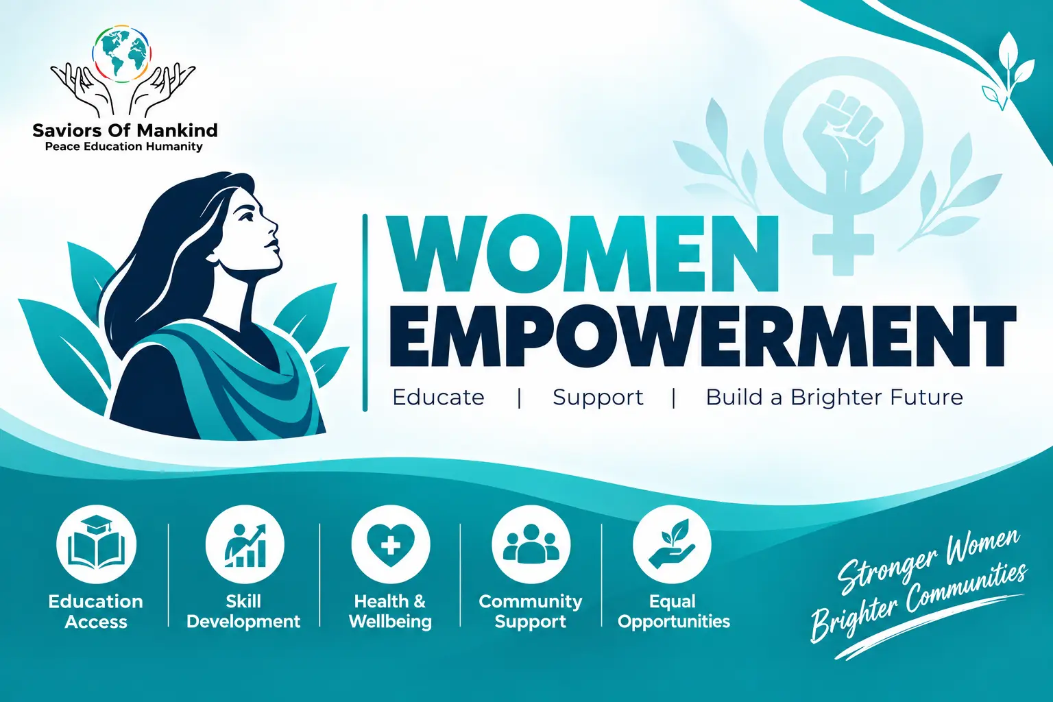 Women empowerment banner by Saviors Of Mankind NGO promoting education, skill development, health, and equal opportunities